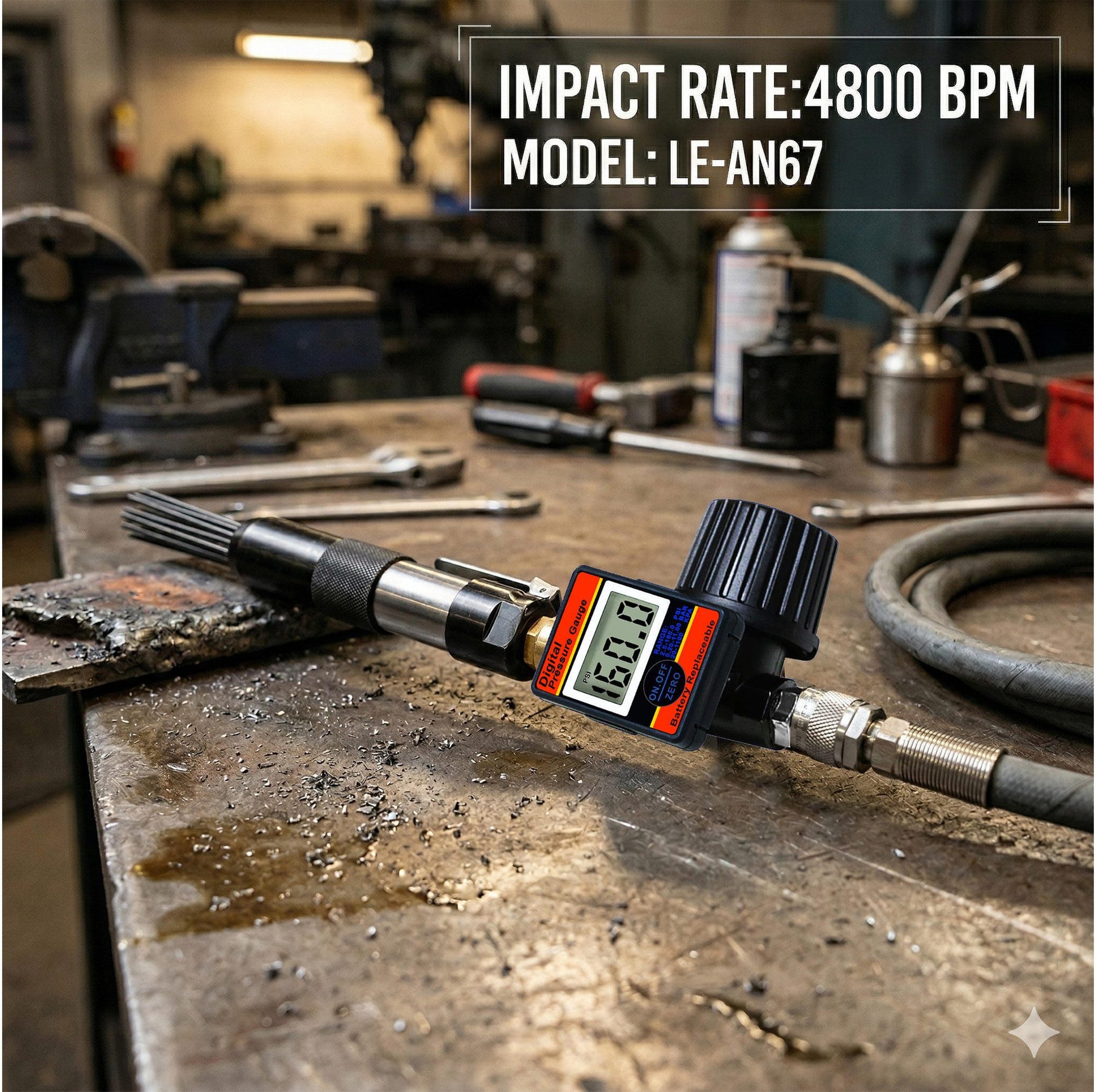 LE-AN67 air needle scaler 4800 BPM with digital air pressure regulator on workbench