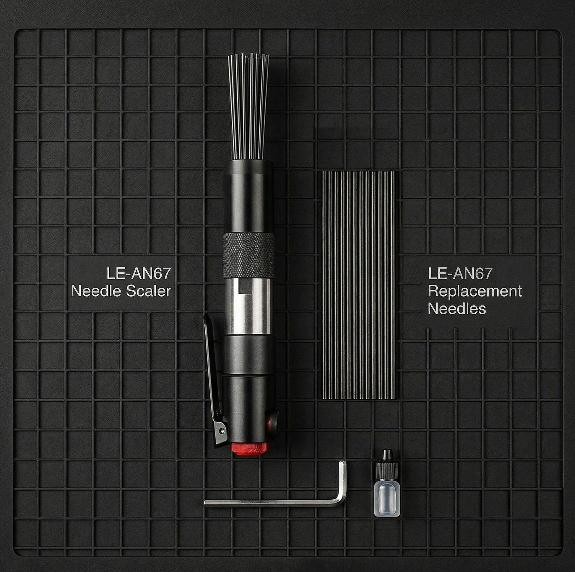 LE-AN67 needle scaler complete kit with replacement needles allen wrench and oil flat lay