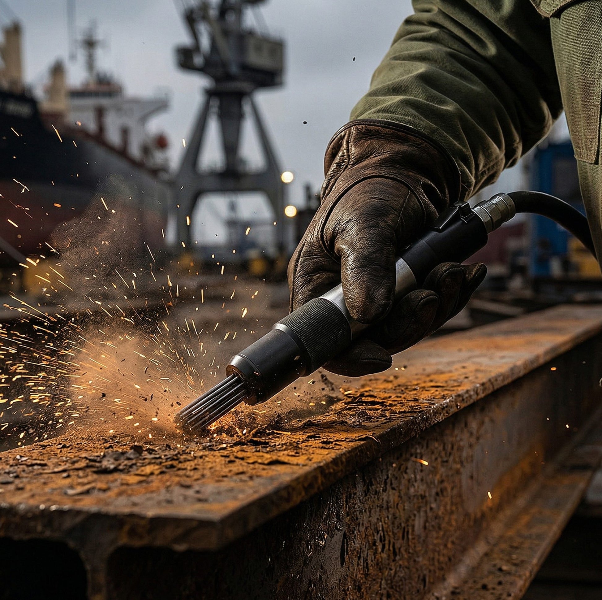LE-AN67 pneumatic needle scaler removing rust from steel beam shipyard sparks action shot