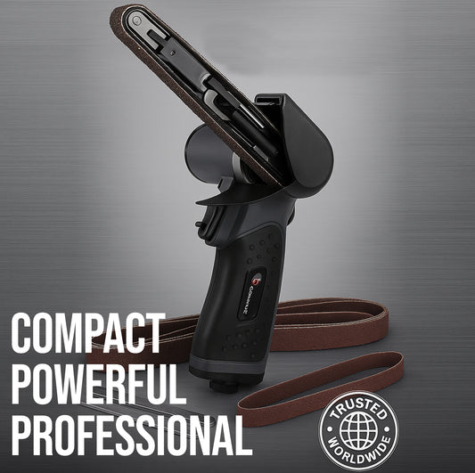 LE-BS-706B air belt sander standing upright with replacement sanding belts on gray background