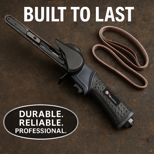 LE-BS-706B pneumatic belt sander kit flat lay showing tool body and replacement sanding belts