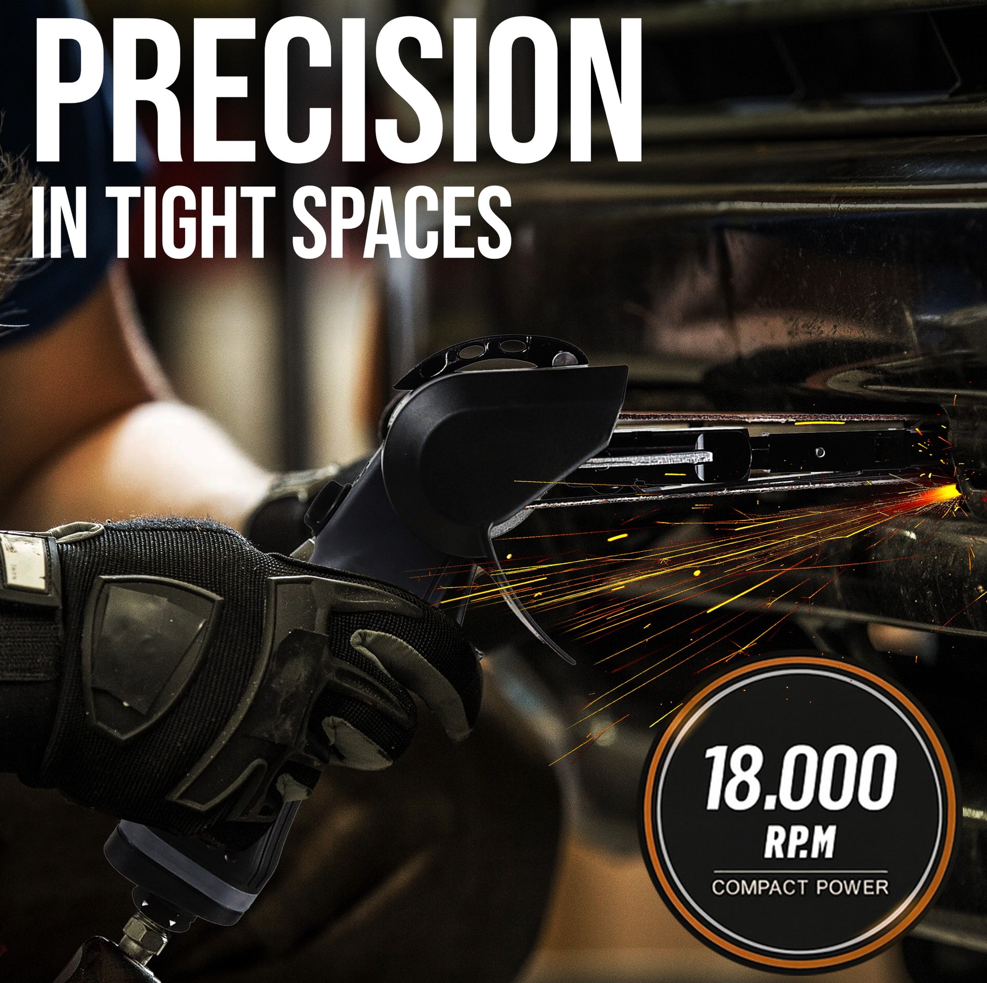 Technician using LE-BS-706B air belt sander for precision grinding in tight spaces at 18000 RPM