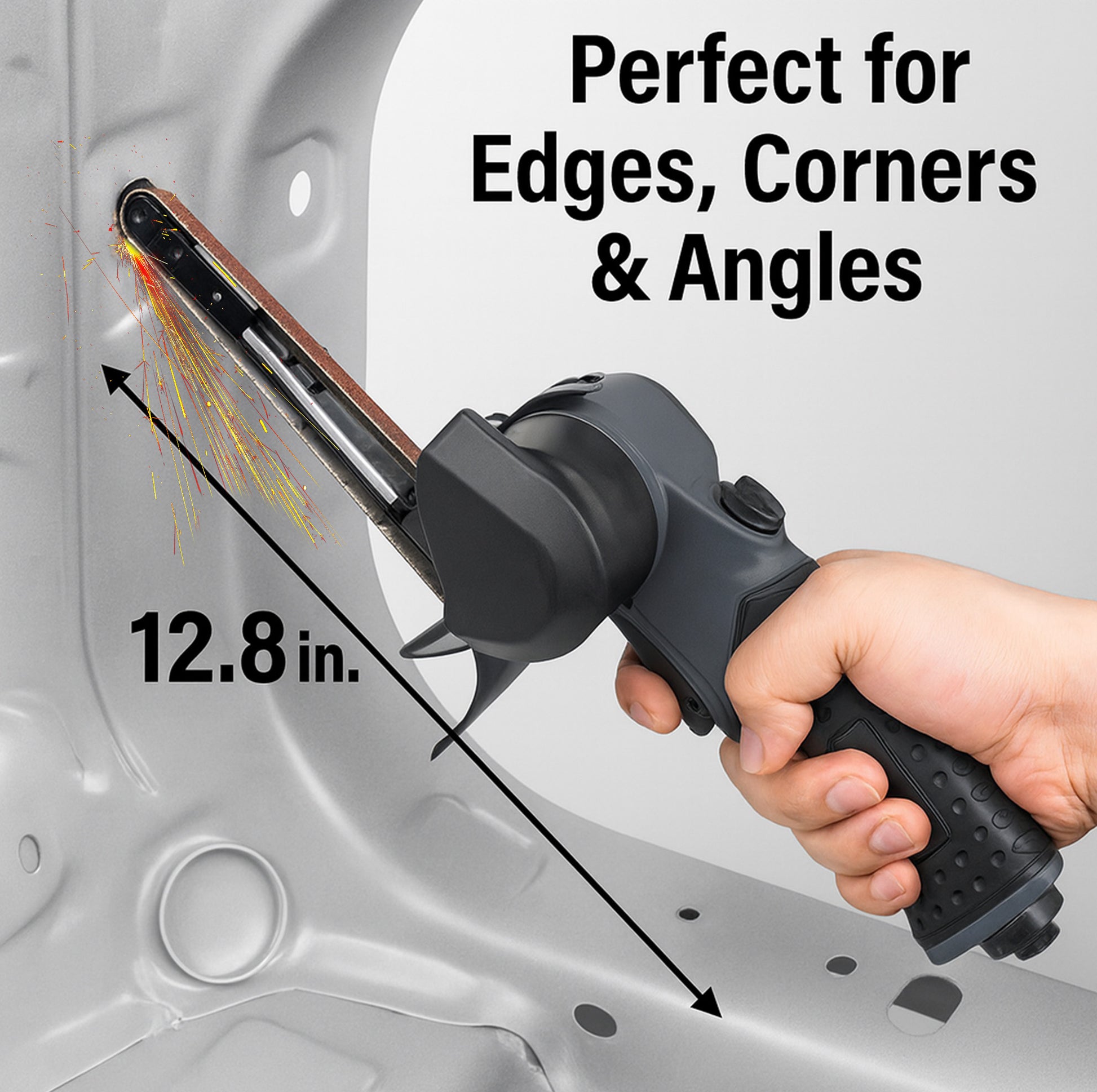 LE-BS-706B 12.8-inch air belt sander reaching edges corners and angles on auto body panel