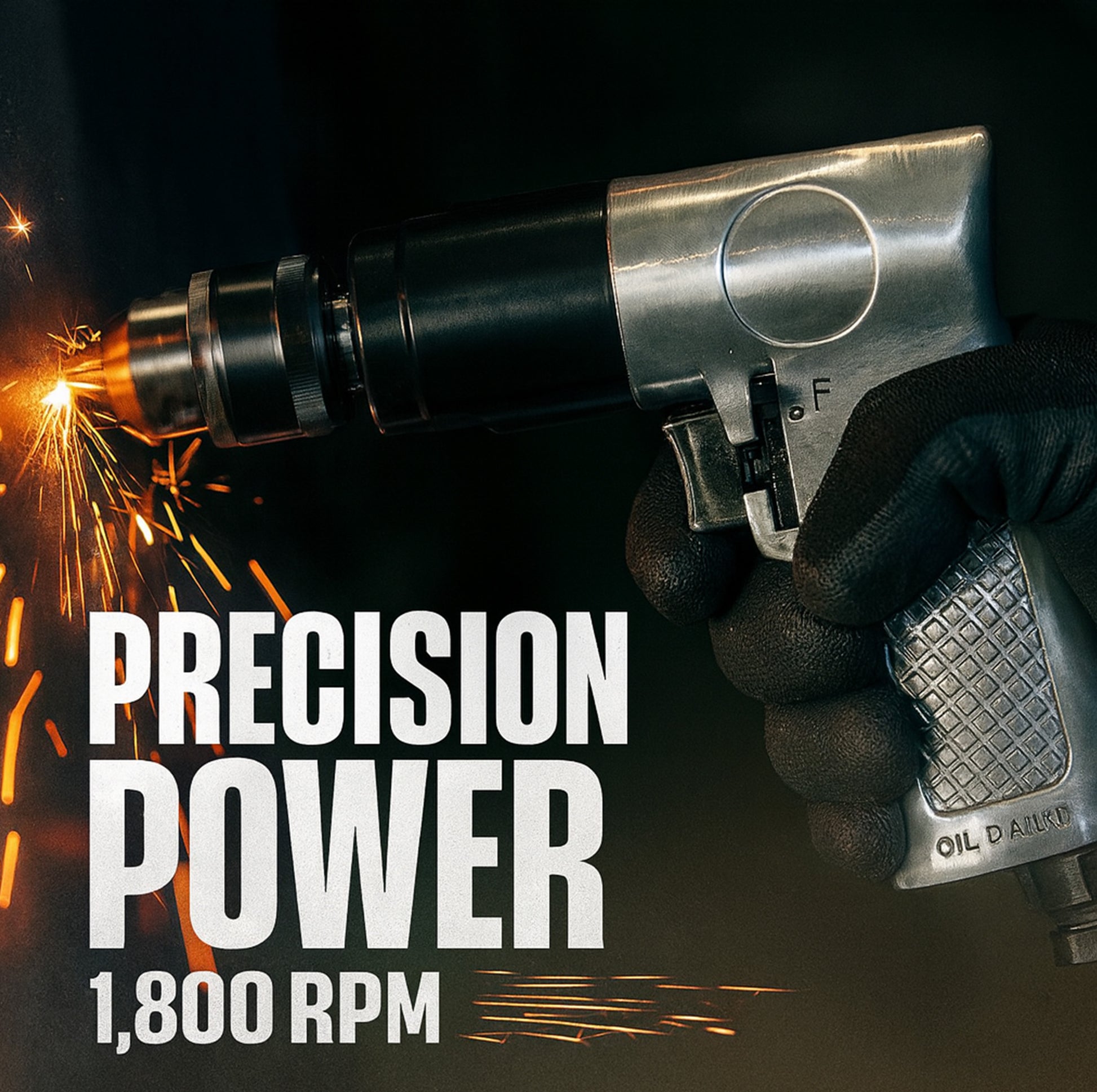 LE-D130 pneumatic drill at 1800 RPM precision drilling through metal with sparks flying