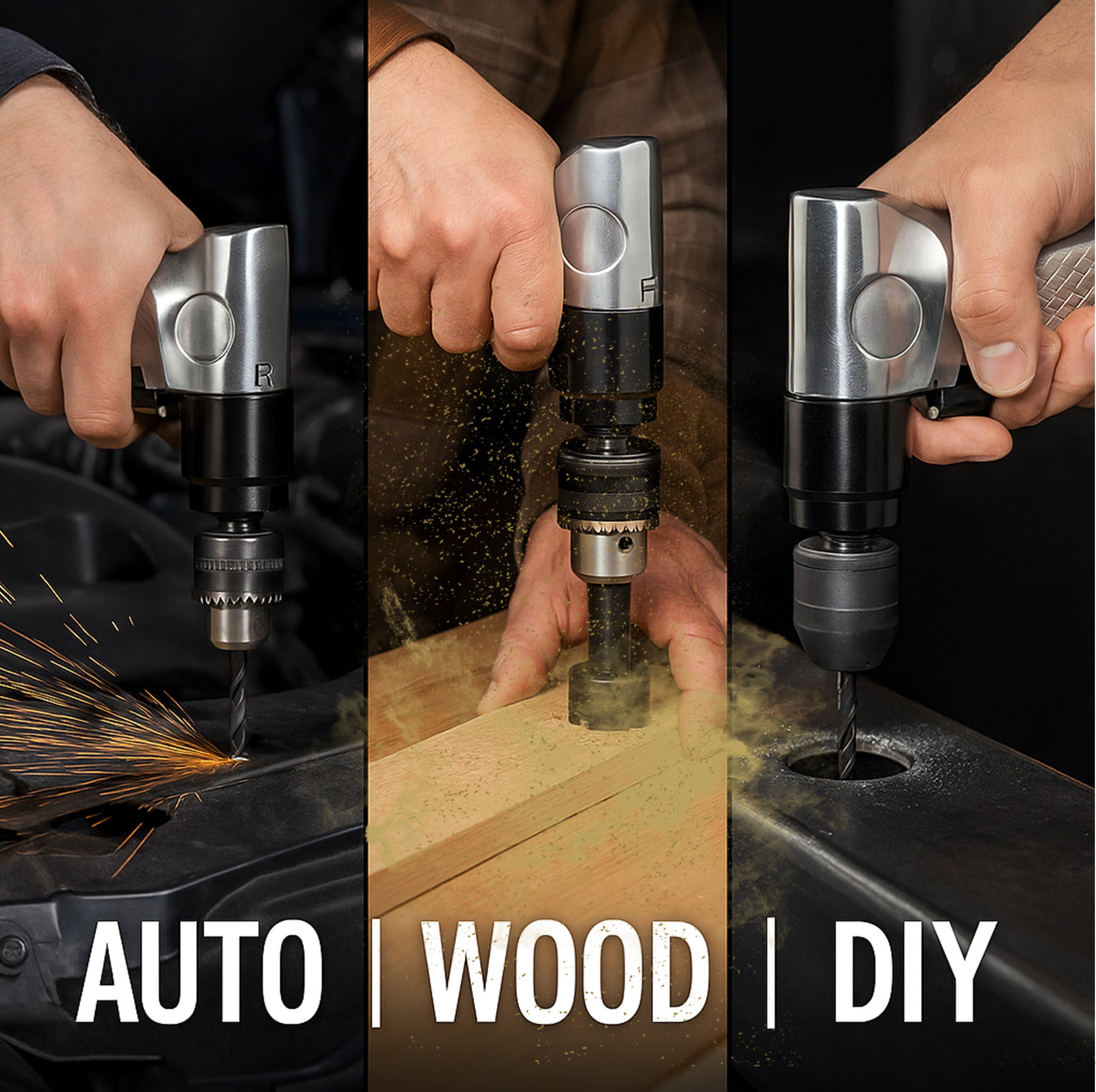 LE-D130 reversible air drill in action across auto body, woodworking, and DIY applications