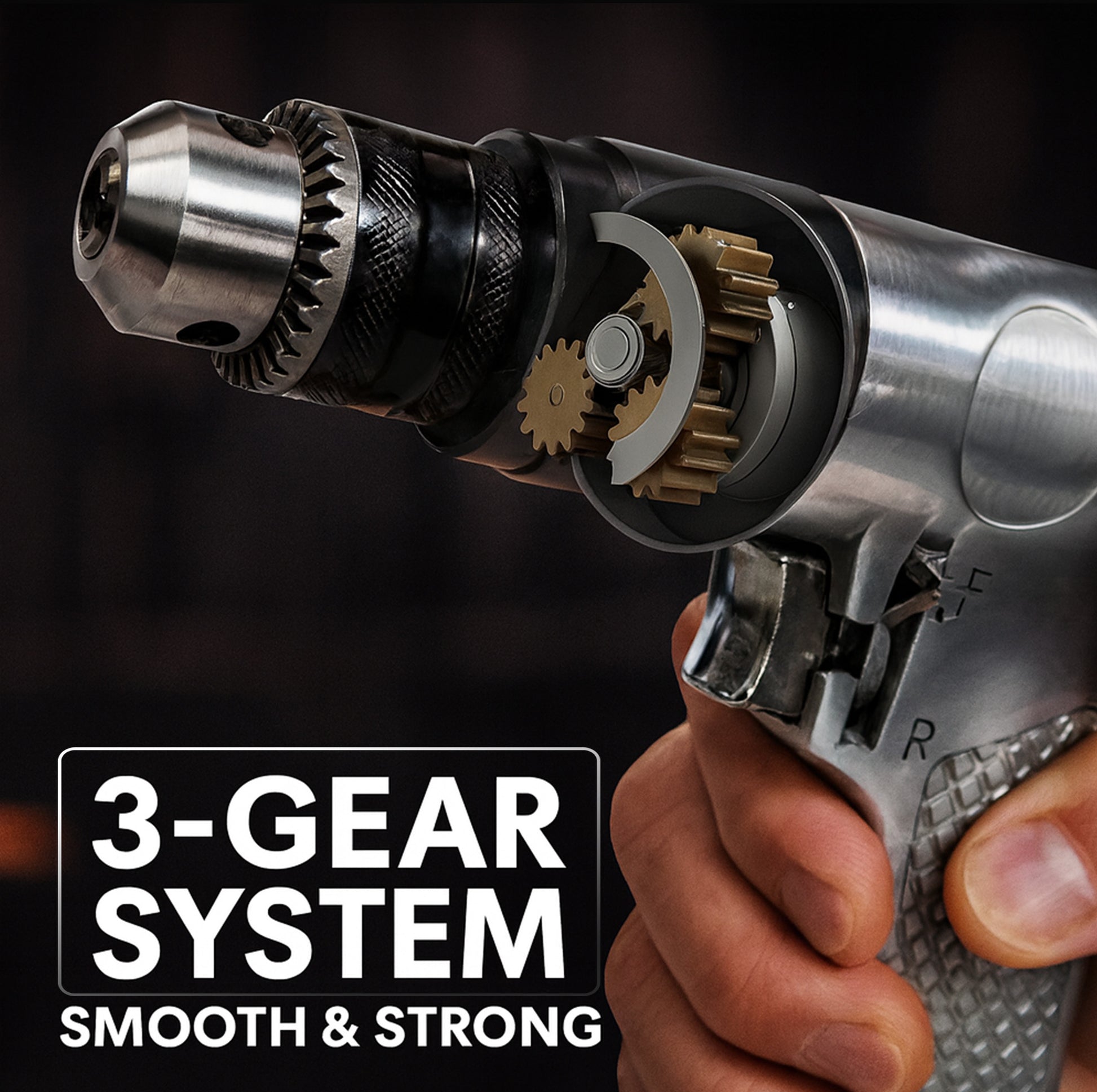 LE-D130 air drill cutaway showing internal 3-gear planetary system for smooth torque delivery