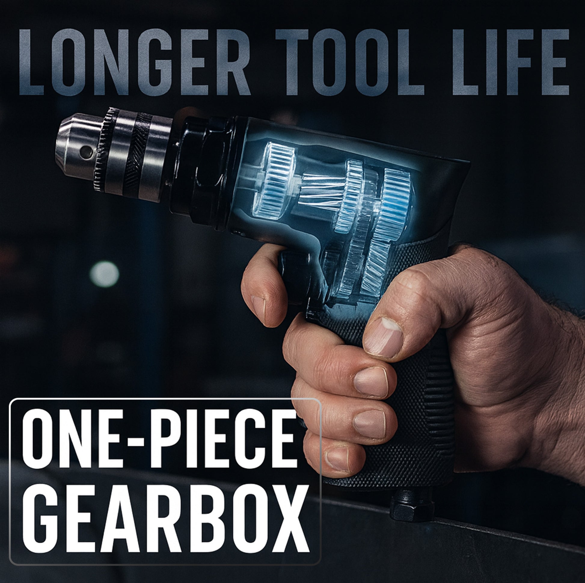 LE-G213P air drill cutaway showing one-piece gearbox for longer tool life and durability