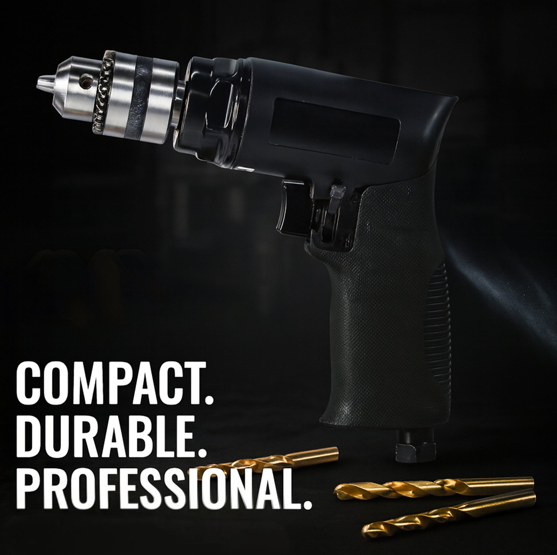 Le Lematec LE-G213P 3/8-inch reversible air drill with titanium drill bits on dark background