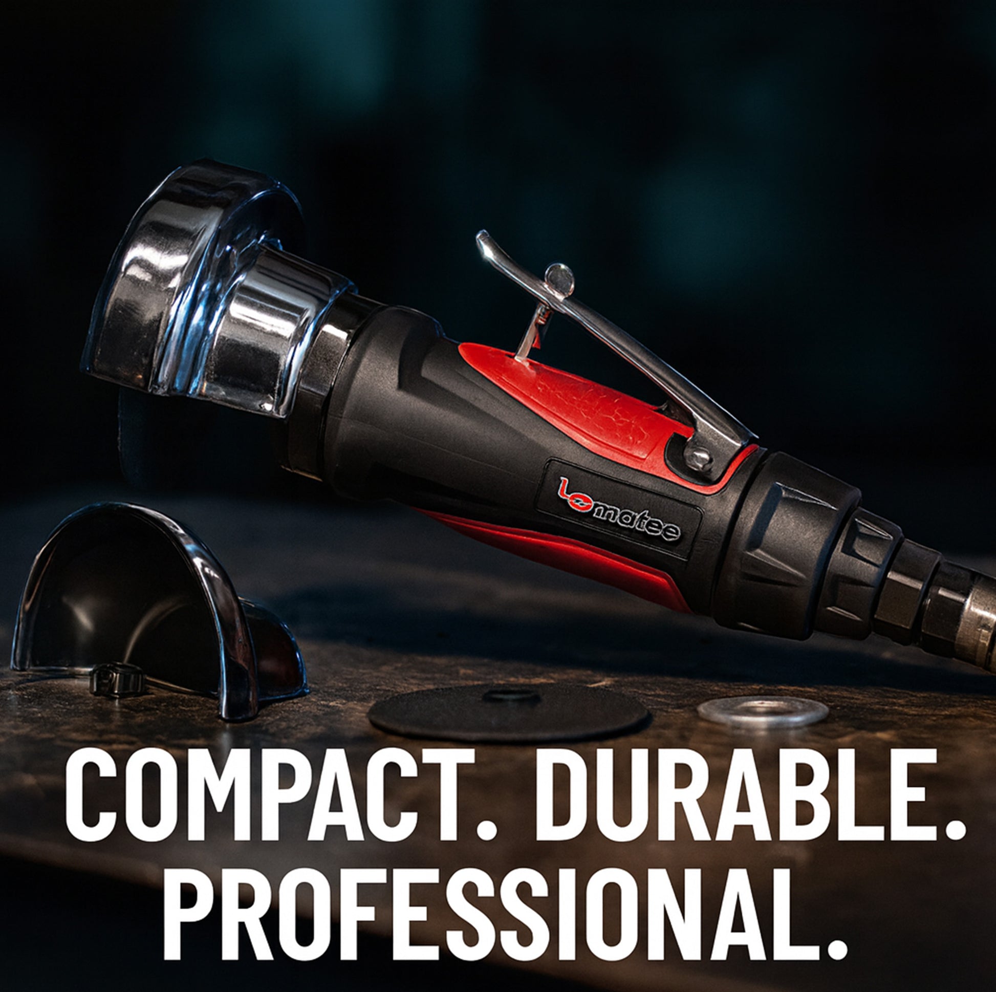 Le Lematec LE-G748 composite air cut-off tool on workbench with guard and air fitting