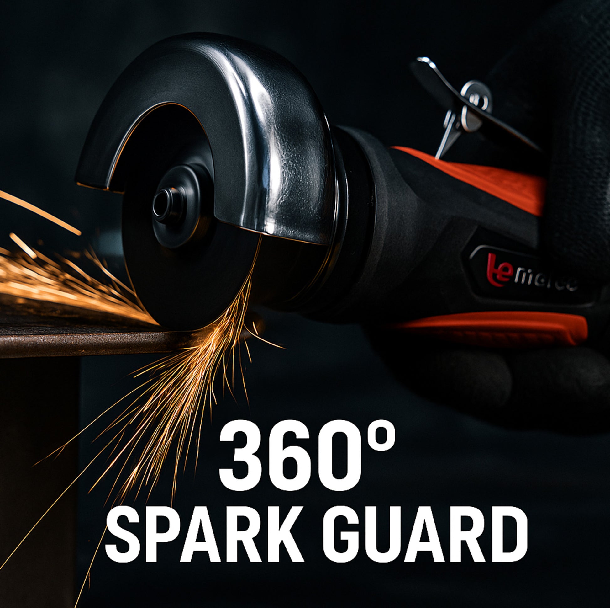LE-G748 air cutter with 360-degree adjustable spark guard cutting through metal sheet