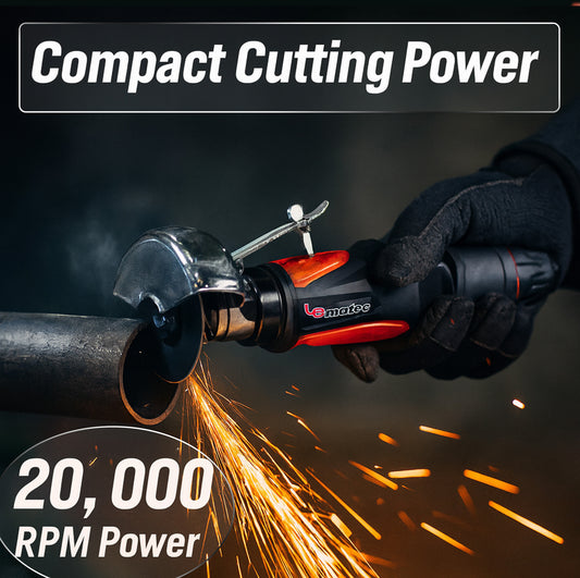 LE-G748 pneumatic cut-off tool cutting exhaust pipe at 20000 RPM with sparks