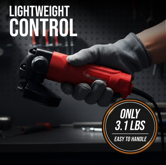 Le Lematec LE-G804 lightweight 3.1 lb air angle grinder held in gloved hand in workshop