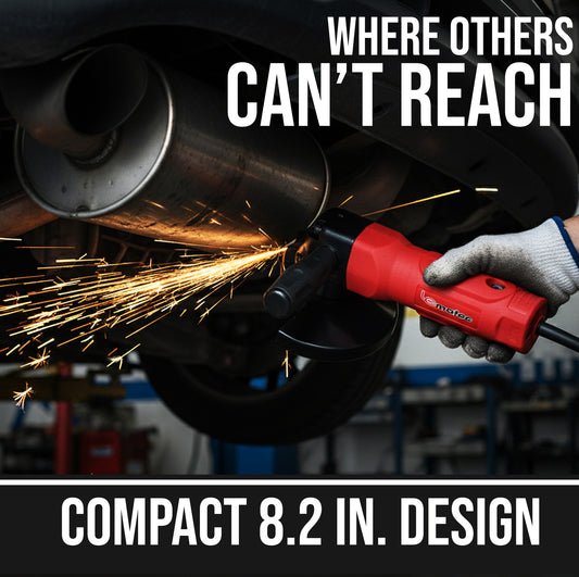 LE-G804 compact 8.2-inch air grinder cutting under vehicle exhaust in tight space with sparks