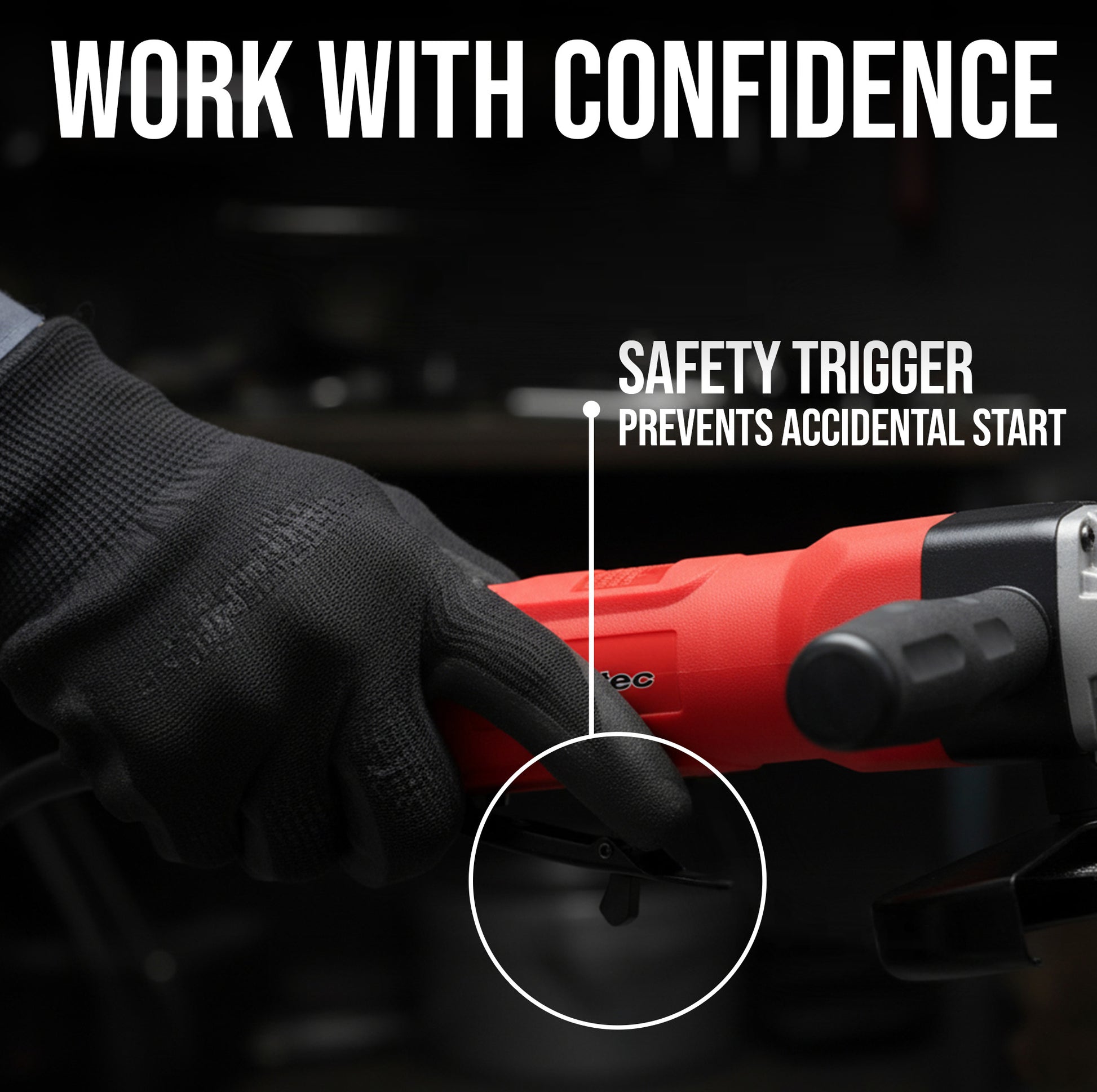 LE-G804 air angle grinder safety trigger close-up preventing accidental activation
