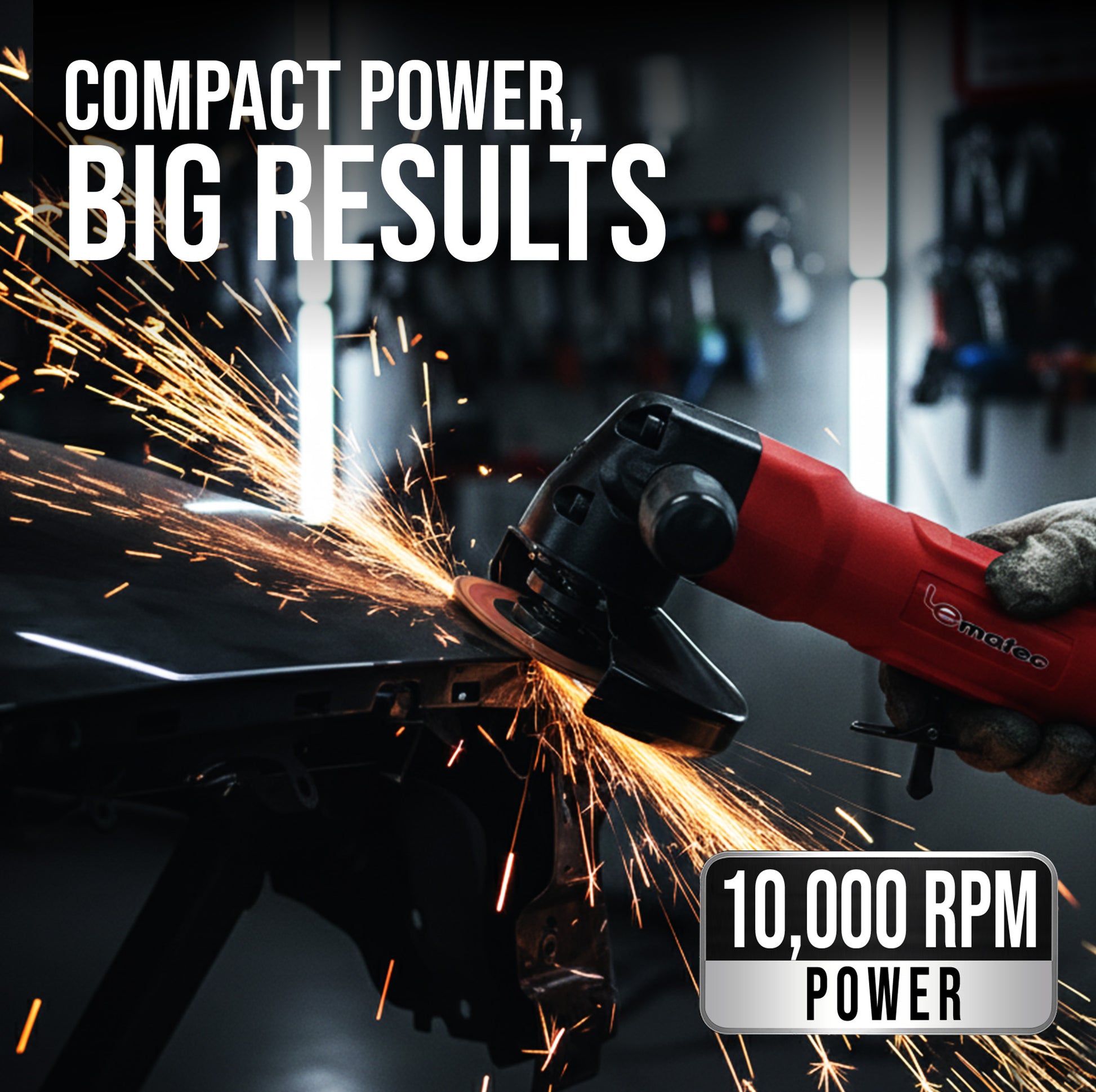 LE-G804 pneumatic angle grinder cutting sheet metal at 10000 RPM with sparks in shop