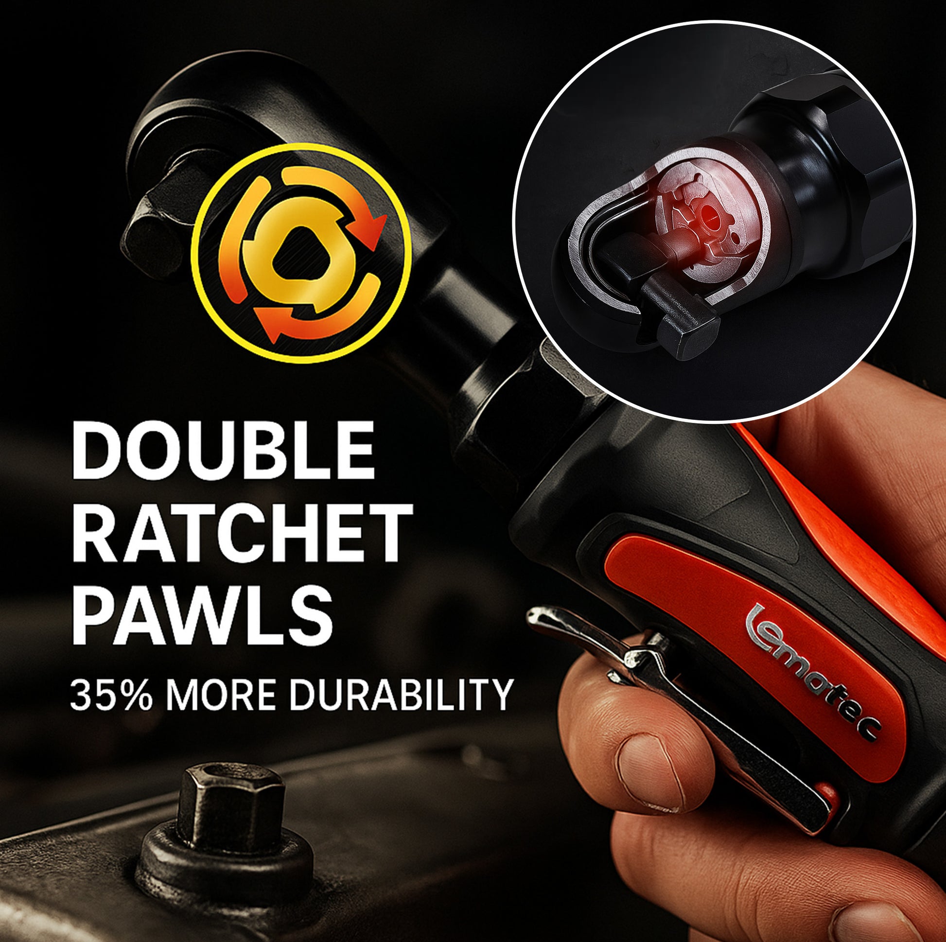 LE-R2150B double ratchet pawl mechanism close-up showing 35 percent more durability than single pawl designs