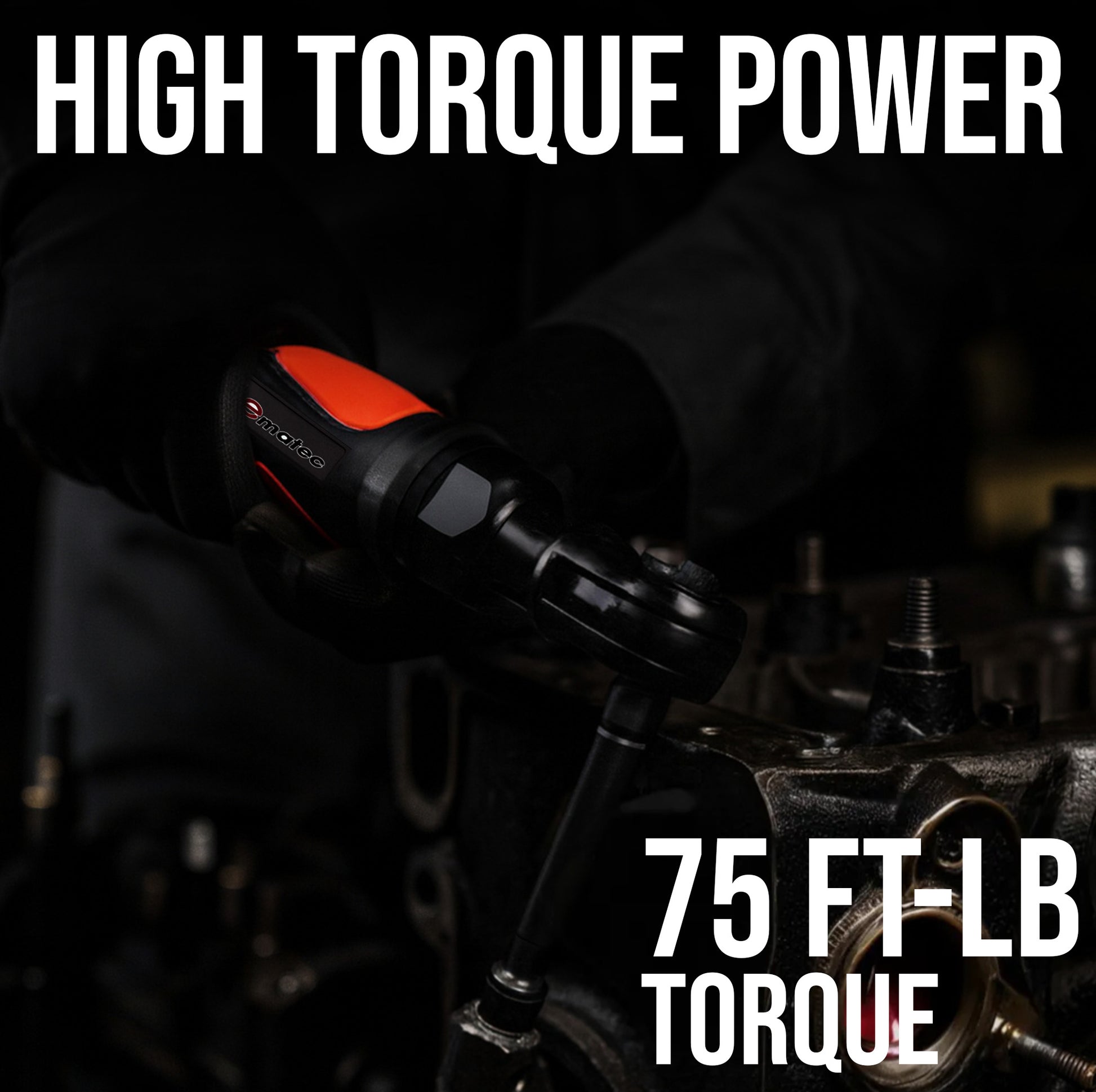 LE-R2150B pneumatic ratchet delivering 75 ft-lb torque on engine block bolts in automotive repair