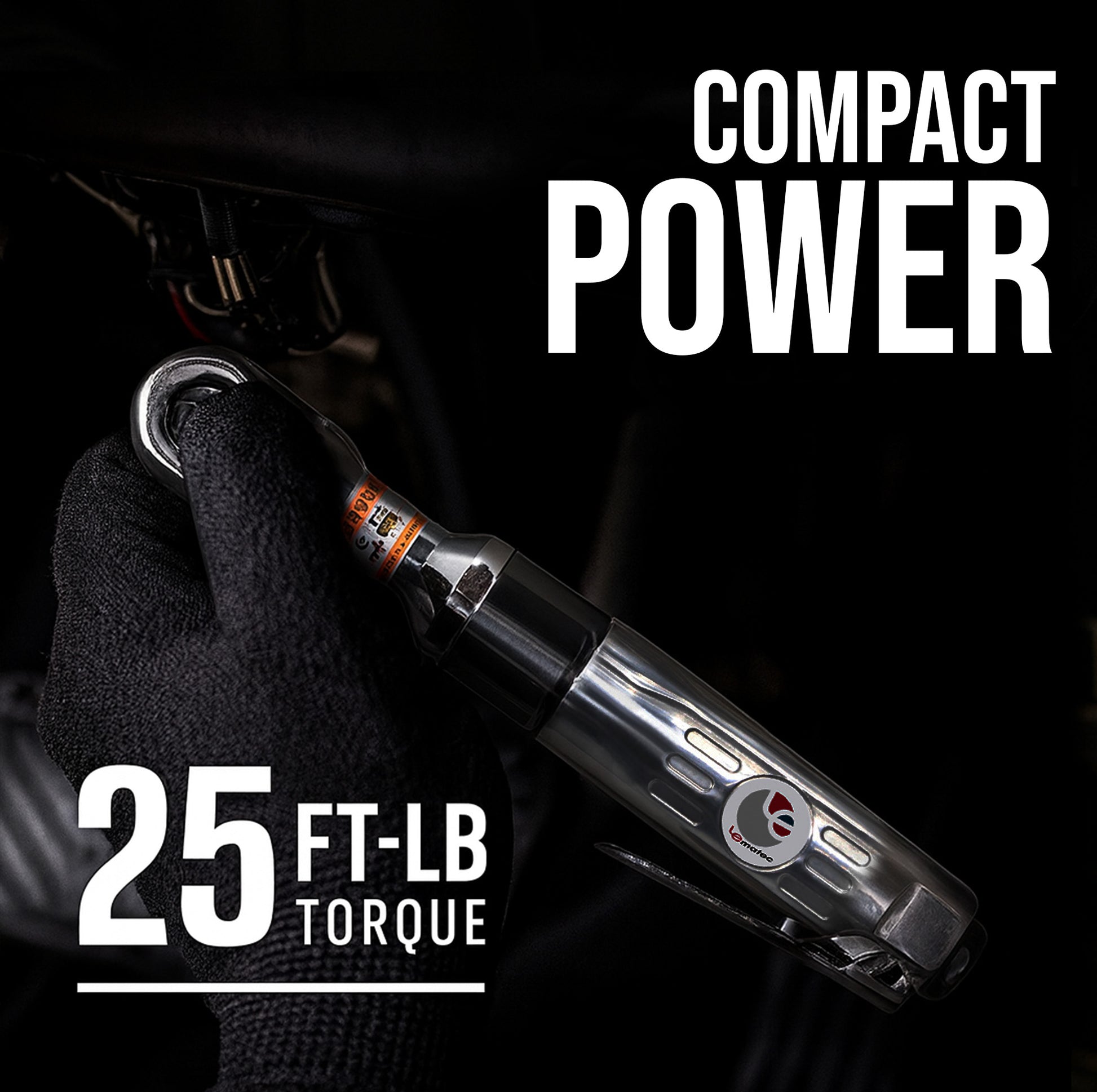 LE-RW57 compact air ratchet in use for tight space automotive repair and bolt fastening