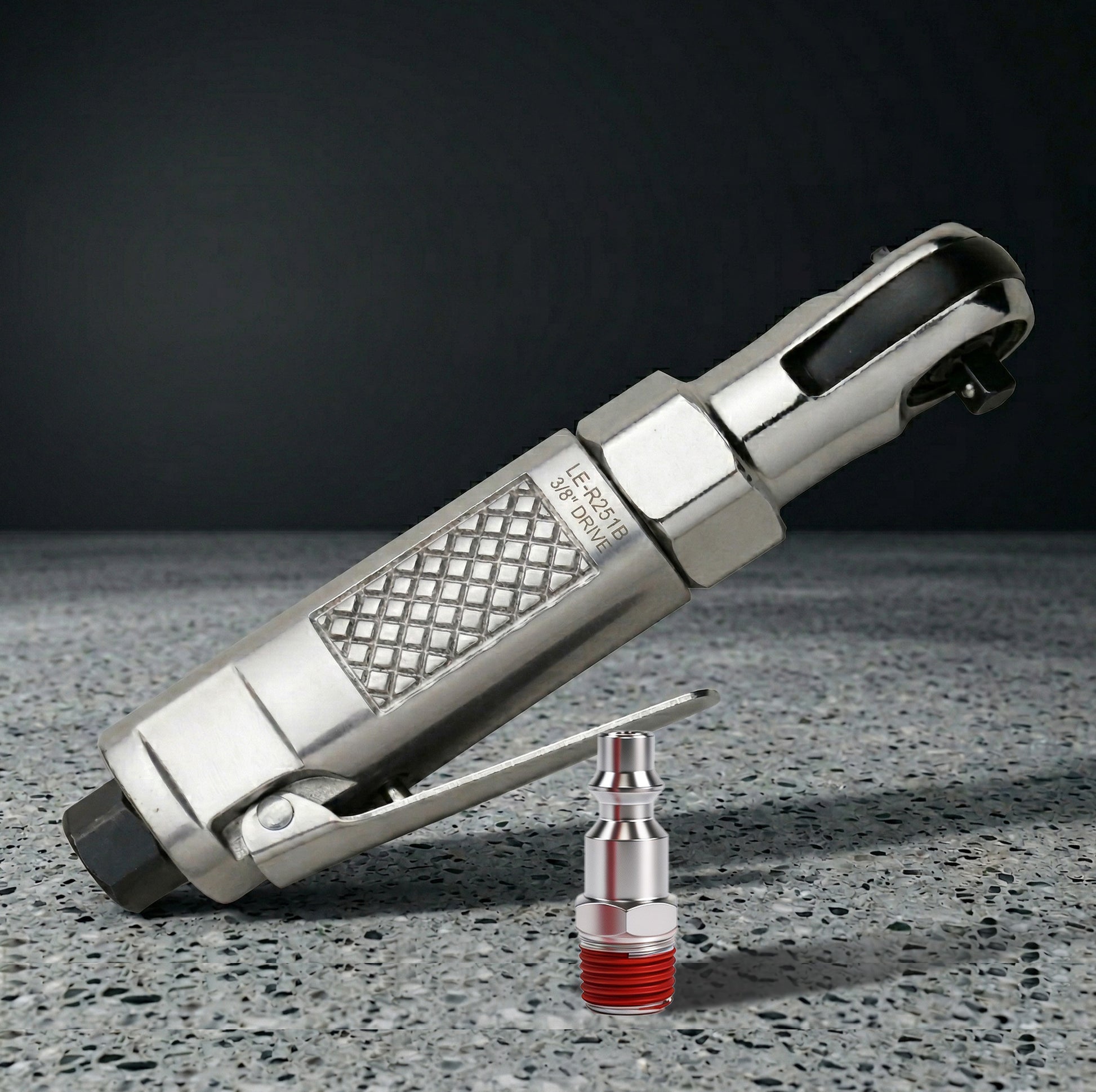 LE-R251B mini pneumatic ratchet with socket set flat lay showing included accessories