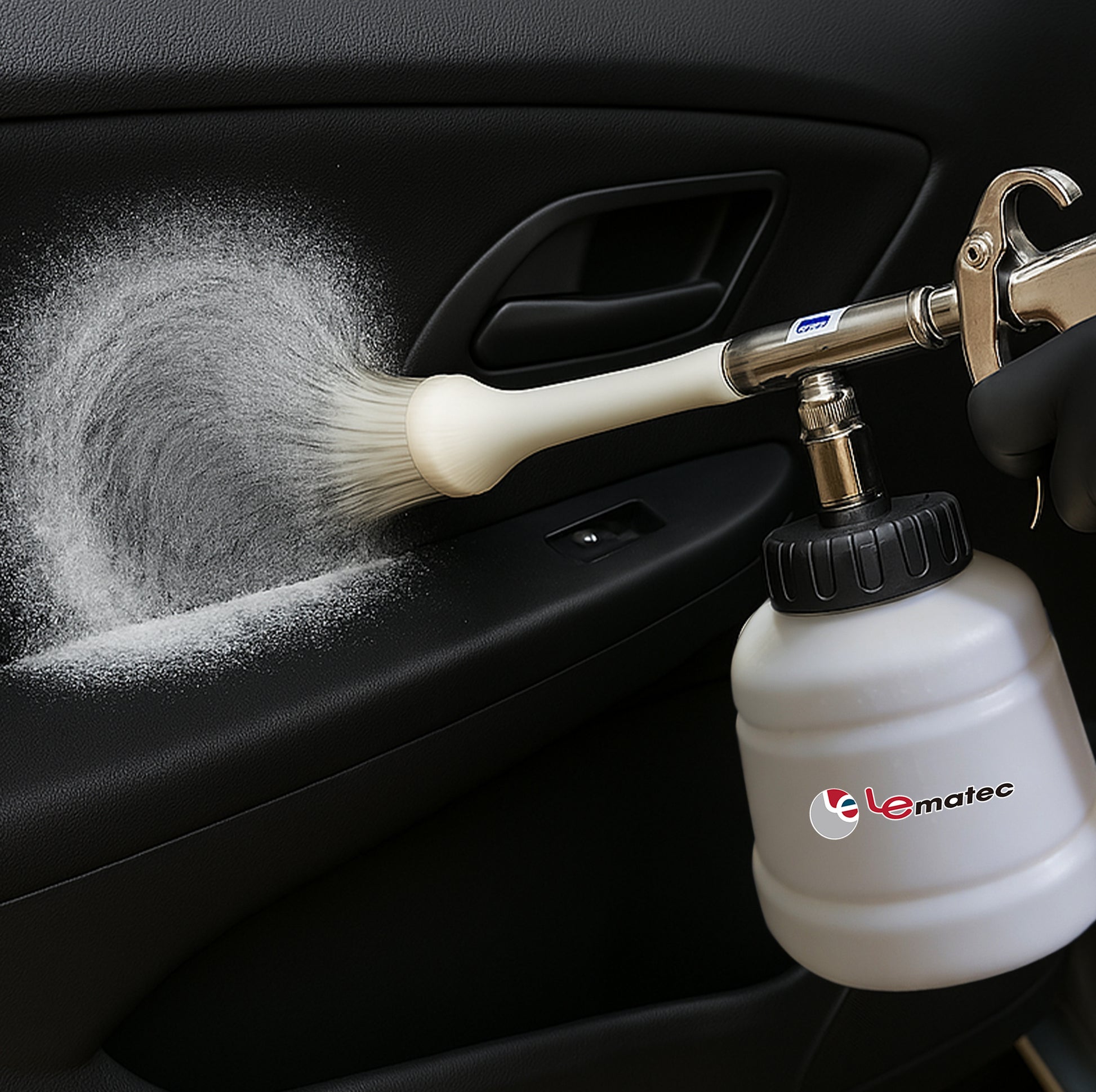 LE-WT-0100US Car Wash Foam Gun - High Velocity Air-Powered system with scrubbing brush for deep cleaning of upholstery and engine bays.