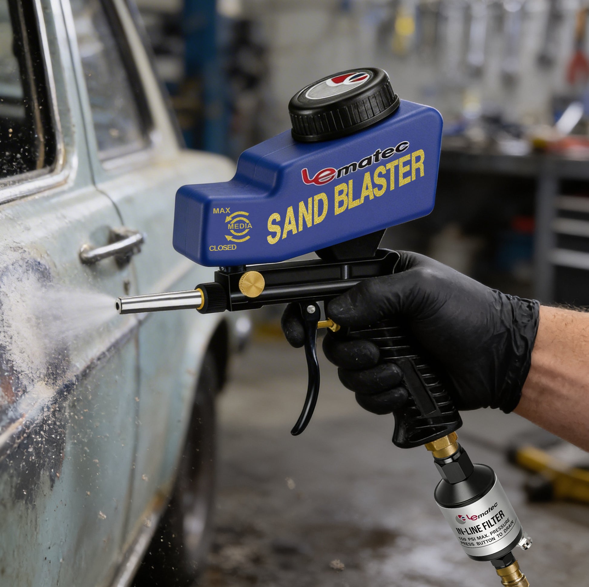 Professional Soda Blaster Kit - 150 PSI Multi-Media with Steel Nozzle (AS118) components including extra steel nozzle and quick-release coupling.