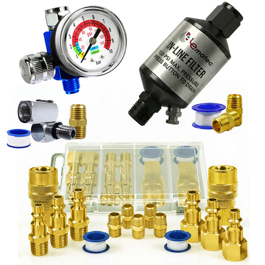 Lematec 15-piece fitting kit AI-112 swivel and AI303-C1 water separator — essential air compressor hookup accessories