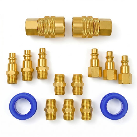 15-piece quick connect air compressor fitting kit (NI-6047-LD4U) with brass NPT plugs, couplers and Teflon tape included in the Air Compressor Hookup Kit