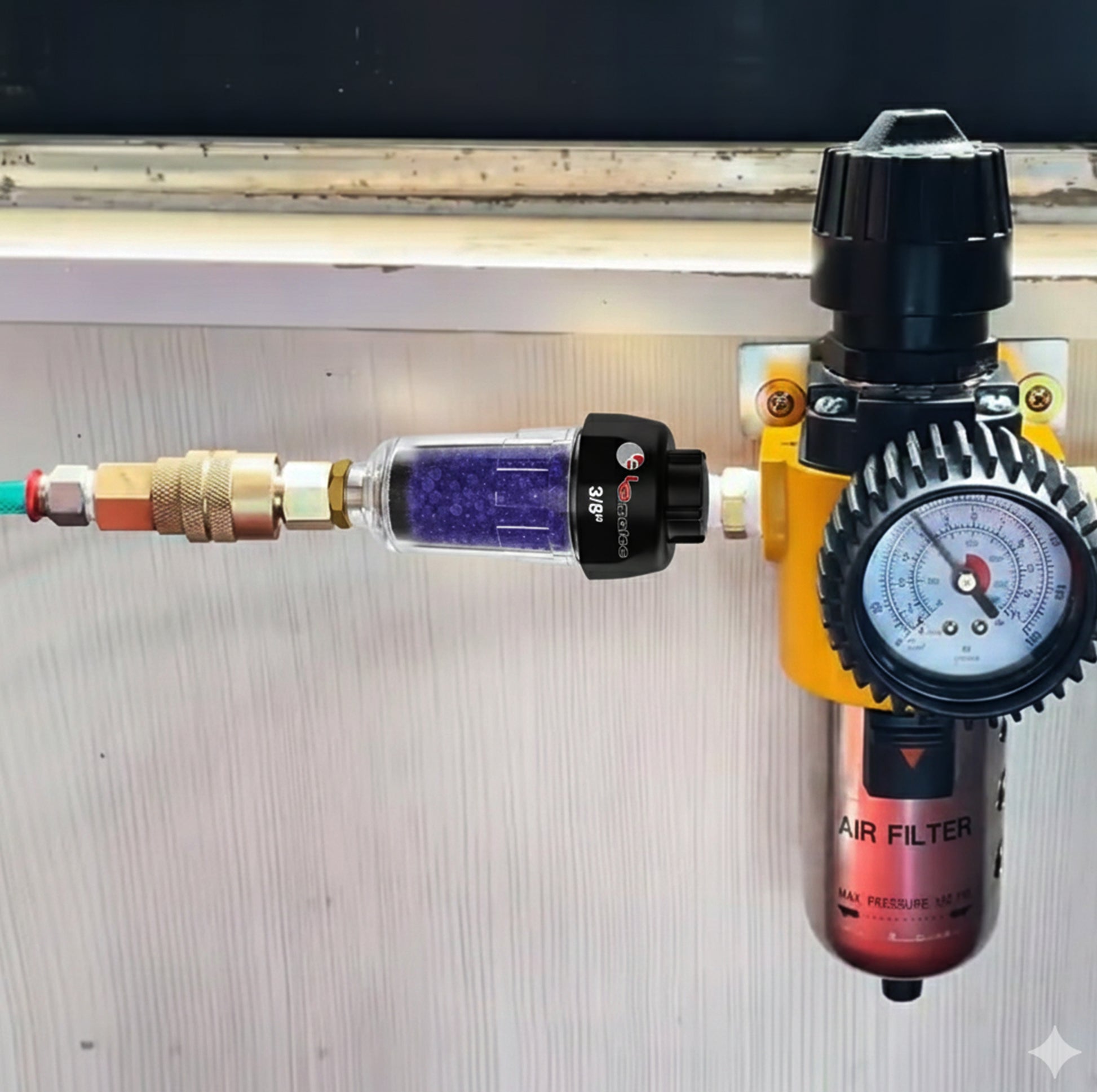 LE LEMATEC ZN312E-3 Desiccant Air Filter - 3/8-Inch NPT Inlet with zero airflow restriction for efficient, dry compressed air in workshops and garages.