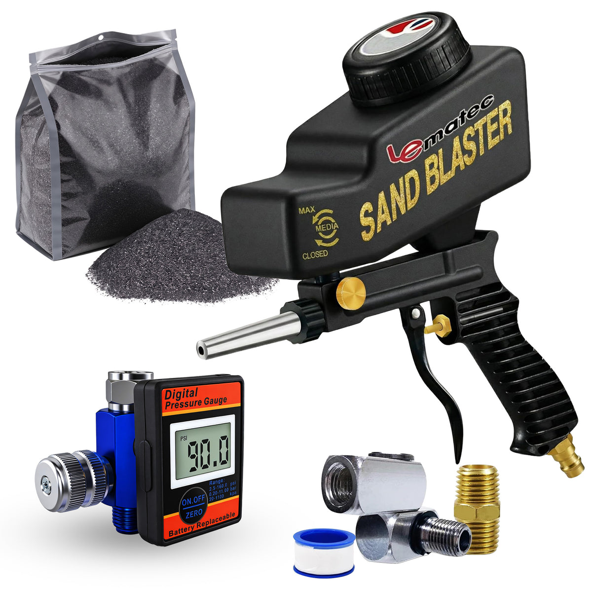 Lematec AS118 sandblaster gun with media bag and DAR01B digital regulator — powerful tool for automotive surface prep
