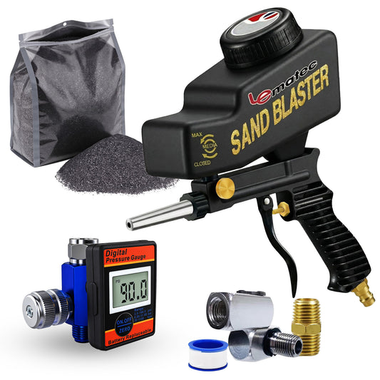 Lematec AS118 sandblaster gun with media bag and DAR01B digital regulator — powerful tool for automotive surface prep