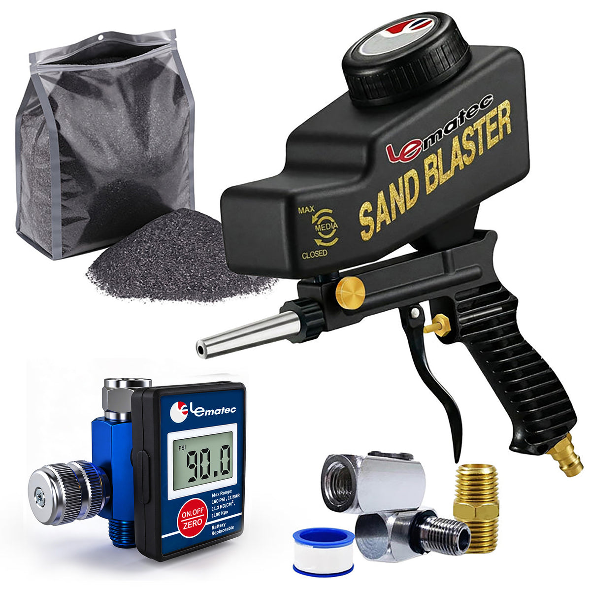 Lematec AS118 sandblaster gun with media bag and DAR01B digital regulator — powerful tool for automotive surface prep