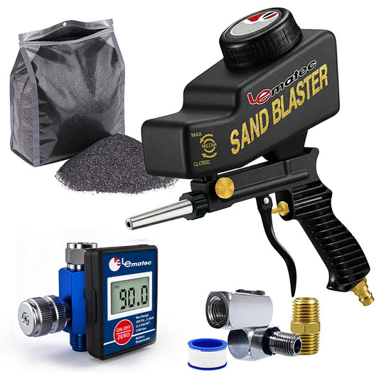 Lematec AS118 sandblaster gun with media bag and DAR01B digital regulator — powerful tool for automotive surface prep