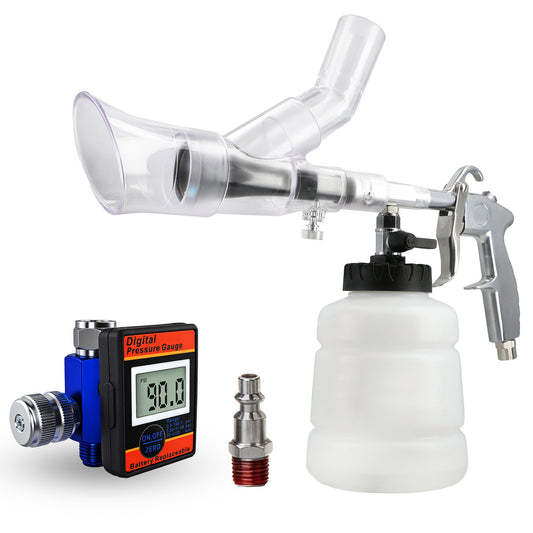 Lematec WT-0100SB detailing gun extractor and DAR01B digital regulator — professional pneumatic cleaning tool set
