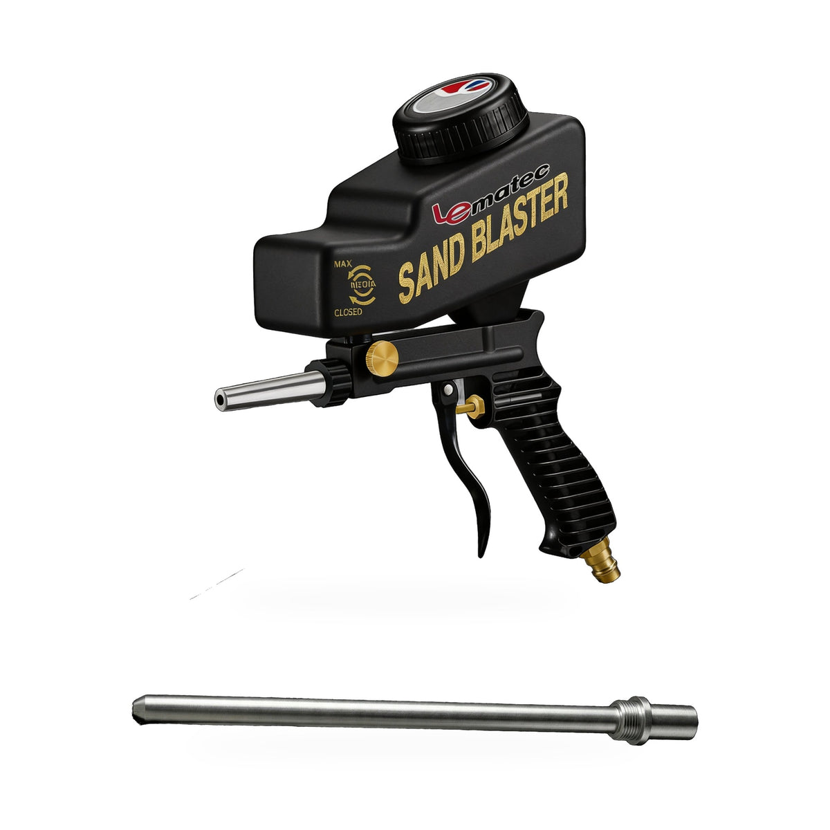 Black sandblaster starter set: LE LEMATEC AS118 gravity-feed sandblaster and 16.5 cm long nozzle