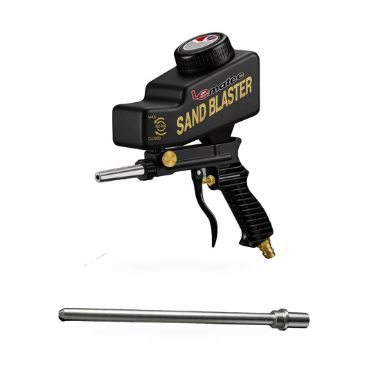 Black sandblaster starter set: LE LEMATEC AS118 gravity-feed sandblaster and 16.5 cm long nozzle