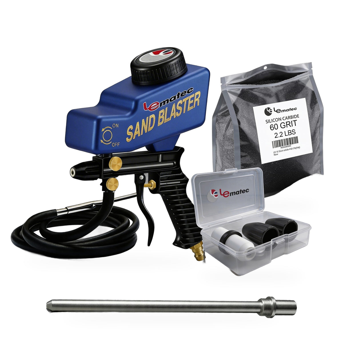 Complete sandblasting kit: AS118-2 dual-feed sandblaster gun, AS118-2C spare ceramic tip kit, 60 grit silicon carbide media bag and 16.5 cm long nozzle