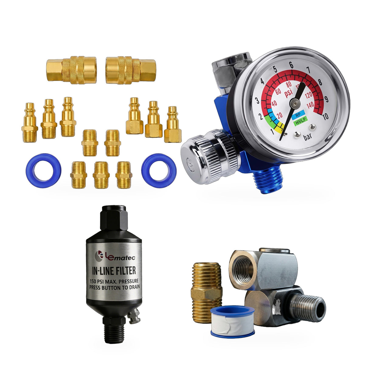 Air compressor hookup kit: 15-piece brass quick-connect fittings, AR-01 analog regulator, AI303-C1 water separator and AI-112 swivel connector