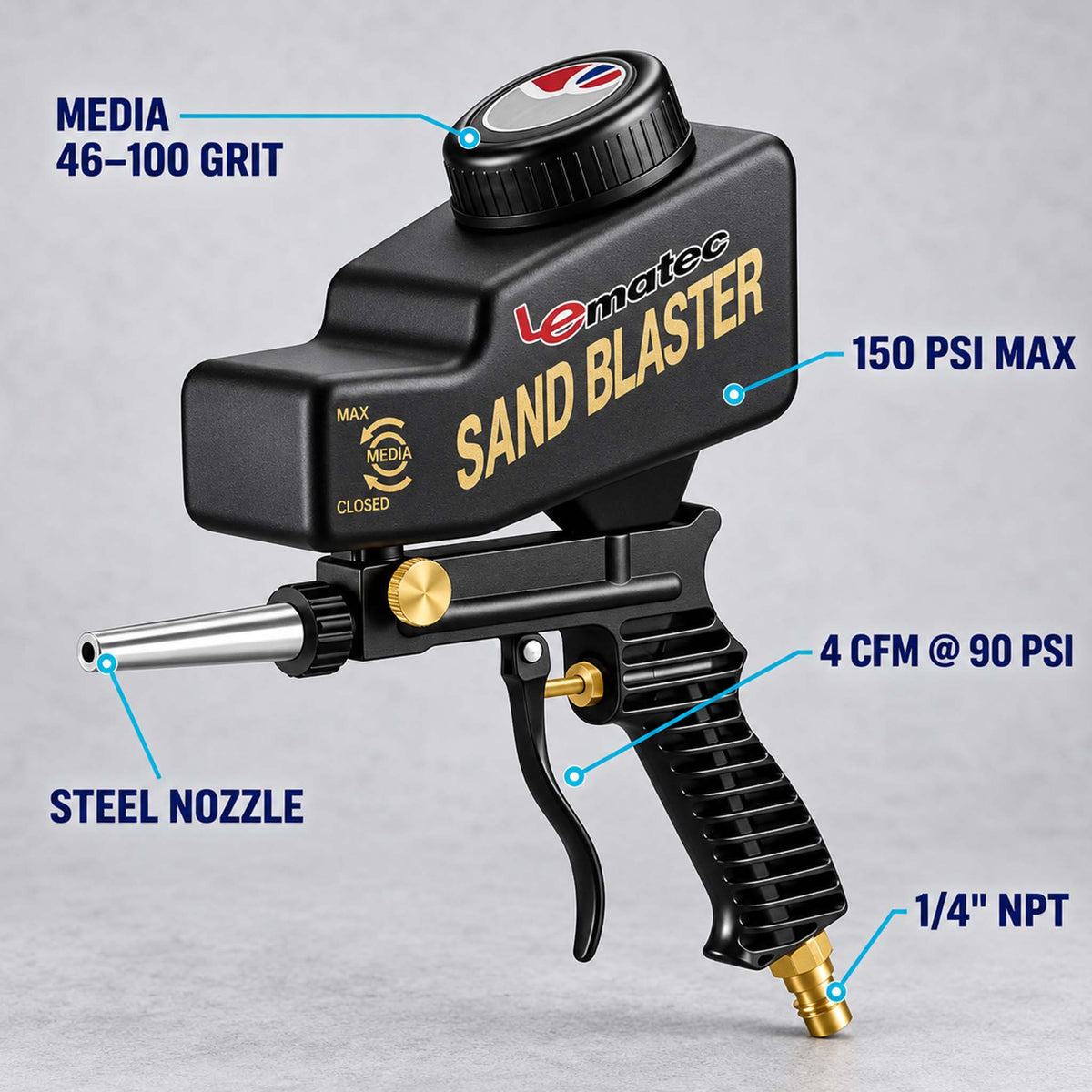 AS118 black sandblaster: 4 CFM at 90 PSI, 150 PSI max, 1/4 inch NPT