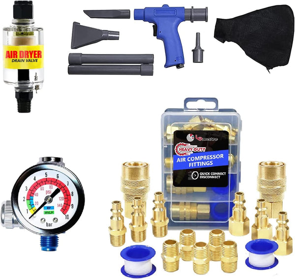 Air Vacuum Blow Gun Kit, Air Fittings Kit, Oil Water Separator and Air Regulator Bundle